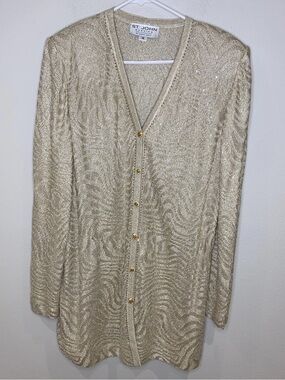 St. John Evening Knit Ivory Gold‎ Embellished Jacket And Long Skirt Suit Size 14